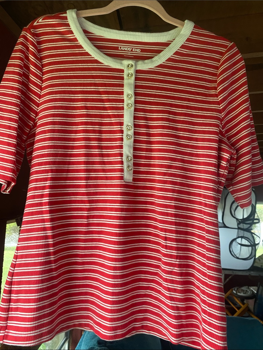 Lands' End Red and White Striped Short-Sleeve Henley